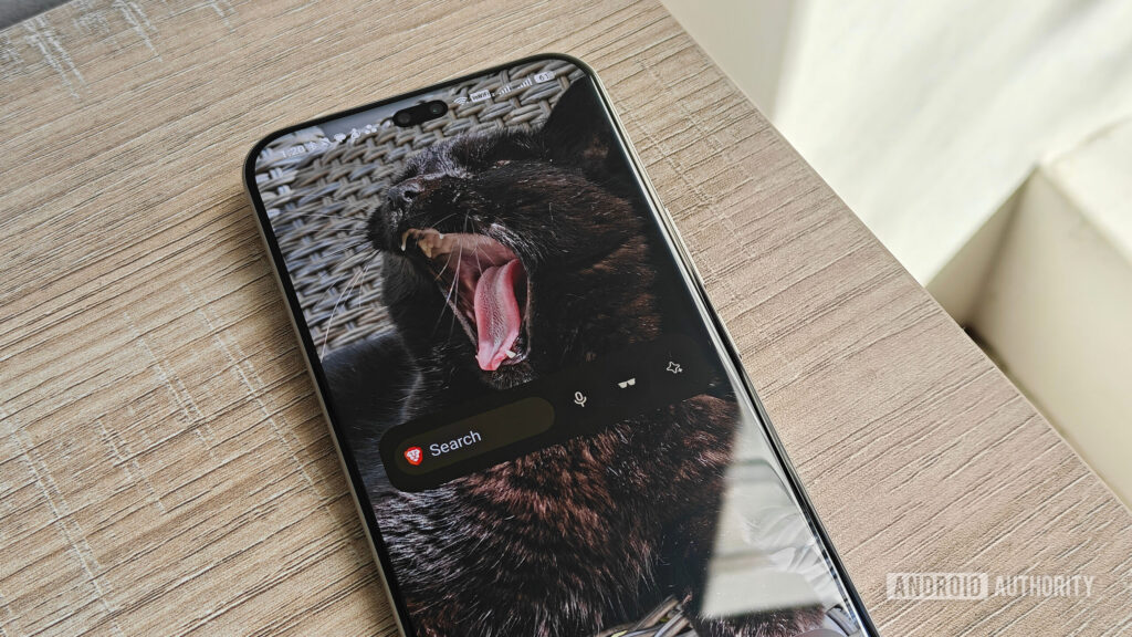 90% of my searches don’t touch Google anymore. Here’s what I use instead the brave search widget on a smartphone screen with a cat yawning as the wallpaper