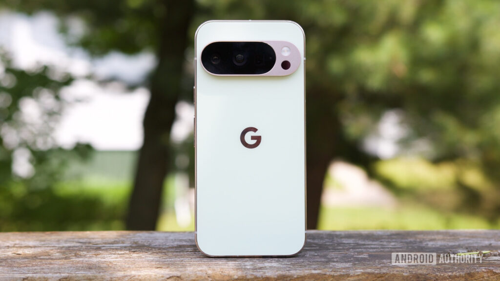 The Google Pixel 10 Pro outside, standing upright.