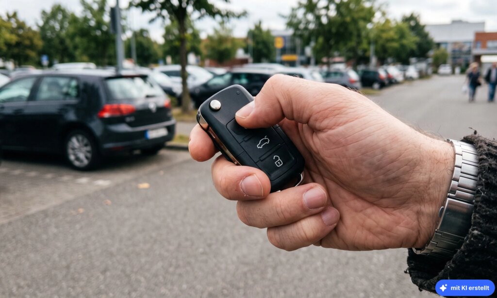 Der Knopf eines Autoschlüssels wird gedrückt