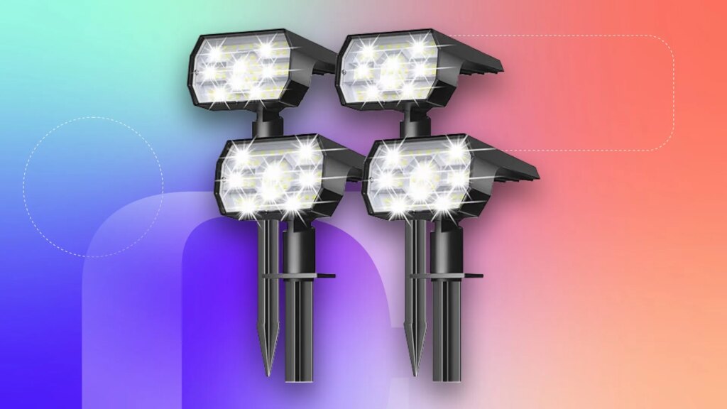 Brighten Up Your Outdoor Space With 4 Solar-Powered Lights for Just $24 Auderwin solar spot lights on a red and blue background