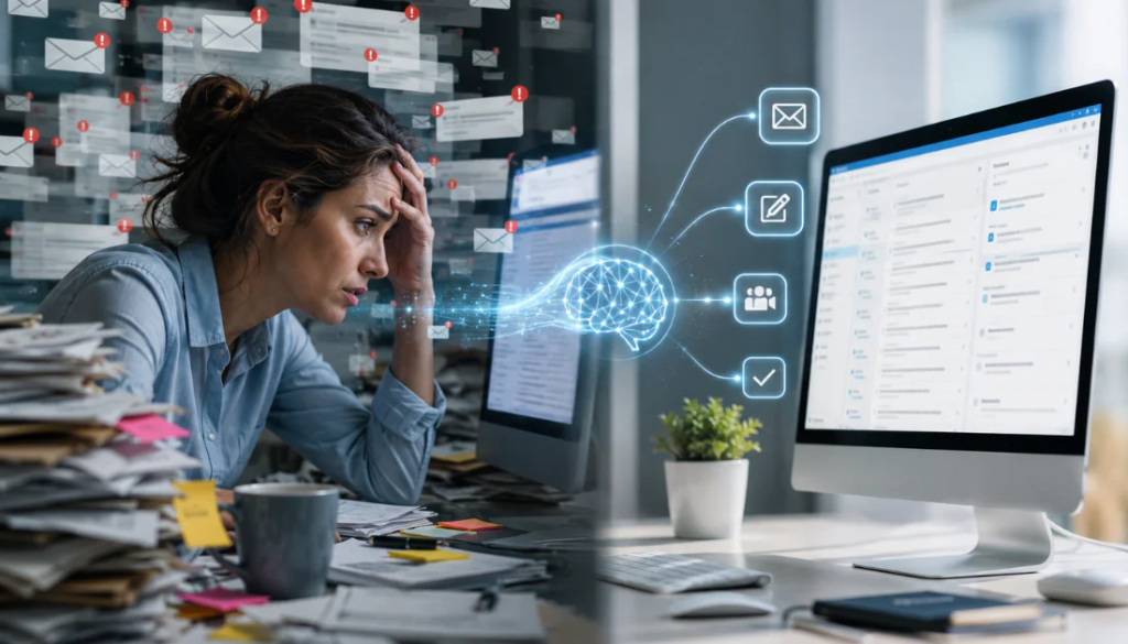 I Let AI Take Over My Entire Email Inbox – Unite.AI An overwhelmed professional facing a cluttered email inbox transforming into a clean, organized inbox.