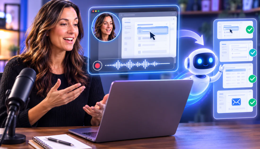 I’m Never Hiring a VA Again – Unite.AI A woman screen recording and teaching an AI on a computer how to complete a task,