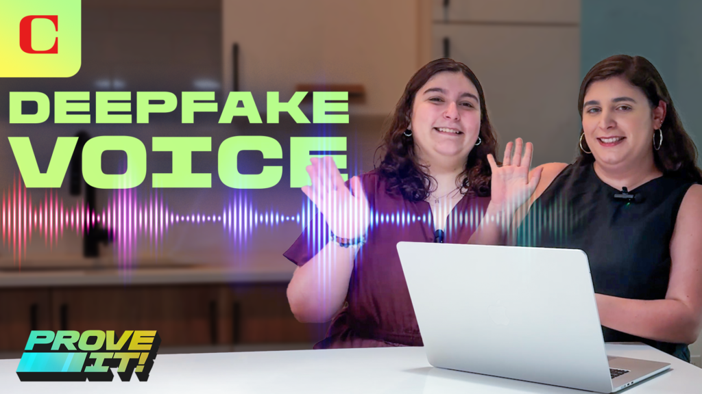 The 2026 Midterms Are Coming. Political Deepfakes Are Already Here CNET video thumbnail reading "Deepfake voice" and Prove It. The podcast host and guest are waving. An audio wave graphic is overlaid.