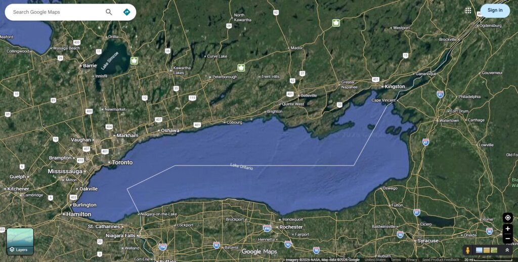 Will Map Apps Rename Lake Ontario After Trump’s Order? It’s Too Soon to Say A screenshot of a desktop Google Maps satellite view of Lake Ontario.