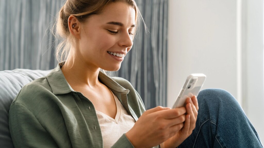 45-GB-Tarif für 6,99 Euro im Angebot Nahaufnahme einer Frau wie sie auf ihr Smartphone schaut