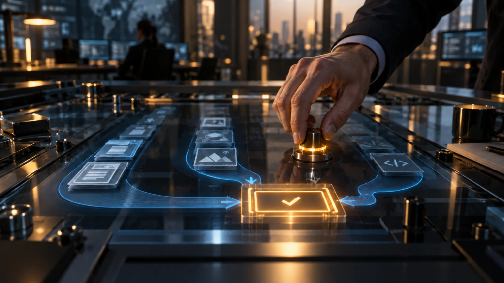 AI Agents Will Turn Prompting Into a Management Skill – Unite.AI A hand adjusts a control where blue work paths converge on an amber review point.