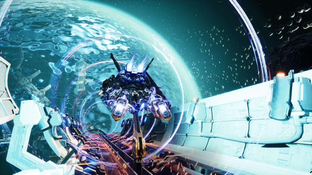 An Hour of Gundam: Rogue Orbit Made Me Feverish for More Robot Combat An in-game screenshot of a robot jetting down a launch corridor out in space with a planet behind them.
