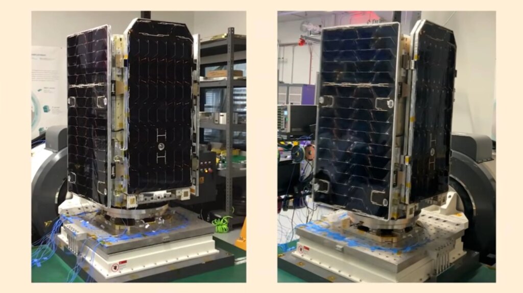 Two images show equipment testing solar-panel covered satellite equipment for vibration endurance in a Google laboratory.