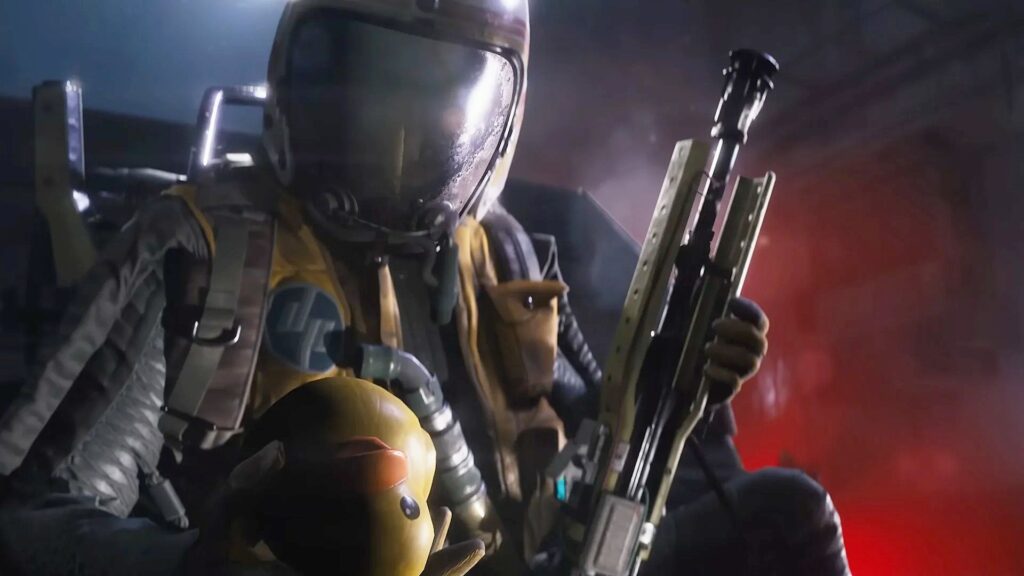 Arc Raiders: A character wearing what looks like a space helmet, crouched behind cover holding a gun in their left hand and a rubber duck in their right hand.