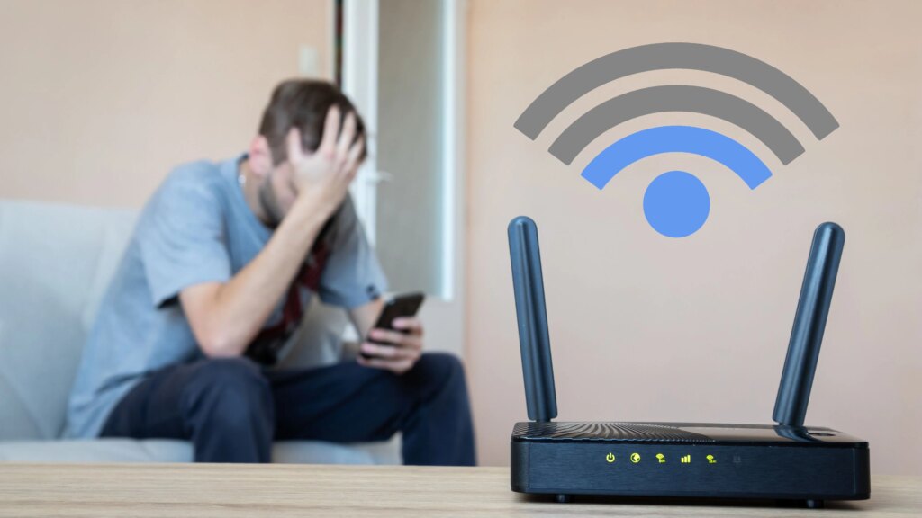 Ein WLAN-Router mit WLAN-Symbol, im Hintergrund ein verzweifelnd wirkender Mann