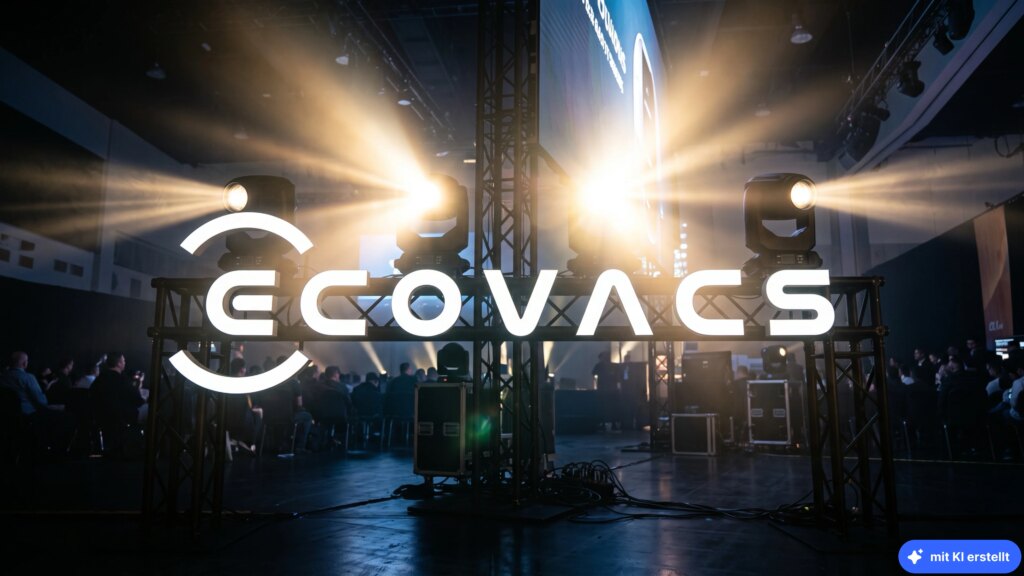 Ecovacs verspricht Rekord-Saugkraft – für gerade einmal 500 Euro Ecovacs-Schriftzug vor Scheinwerfer