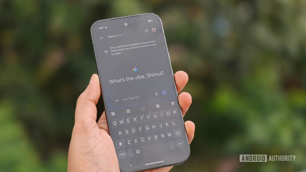Gemini just got a big upgrade with new connected apps for work, creativity, and life Gemini app asking What's the vibe, Shimul on Google Pixel 11