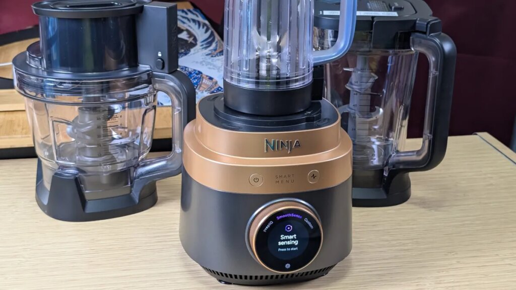 I Tested Ninja’s CrushBoss, a $230 Blender That Chops, Dices, Minces and Mixes Ninja-CrushBoss-base-with-vessels-on-desk