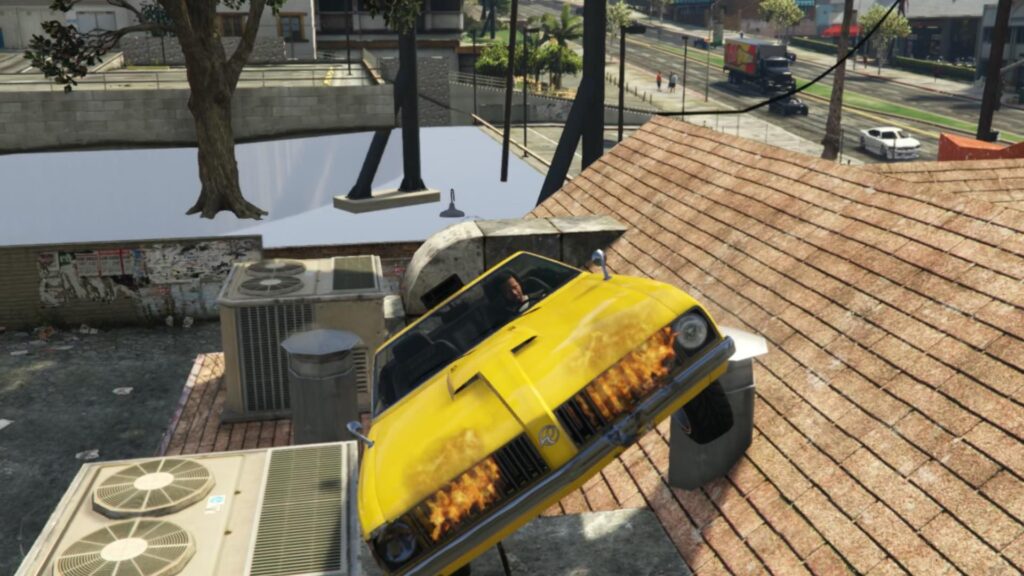 I modded Crazy Taxi into Grand Theft Auto 5 Franklin stuck in a flaming yellow taxi on a rooftop.
