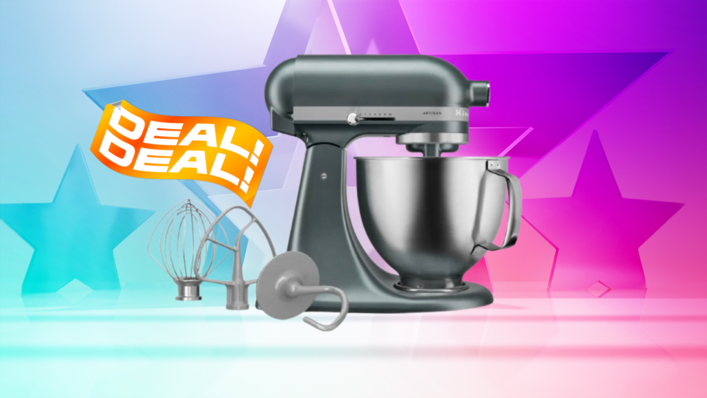 KitchenAid Has Dropped Up to 25% Off Bestselling Stand Mixers and More This Labor Day Weekend KitchenAid stand mixer against a graduated turquoise to fuschia Star patterned background