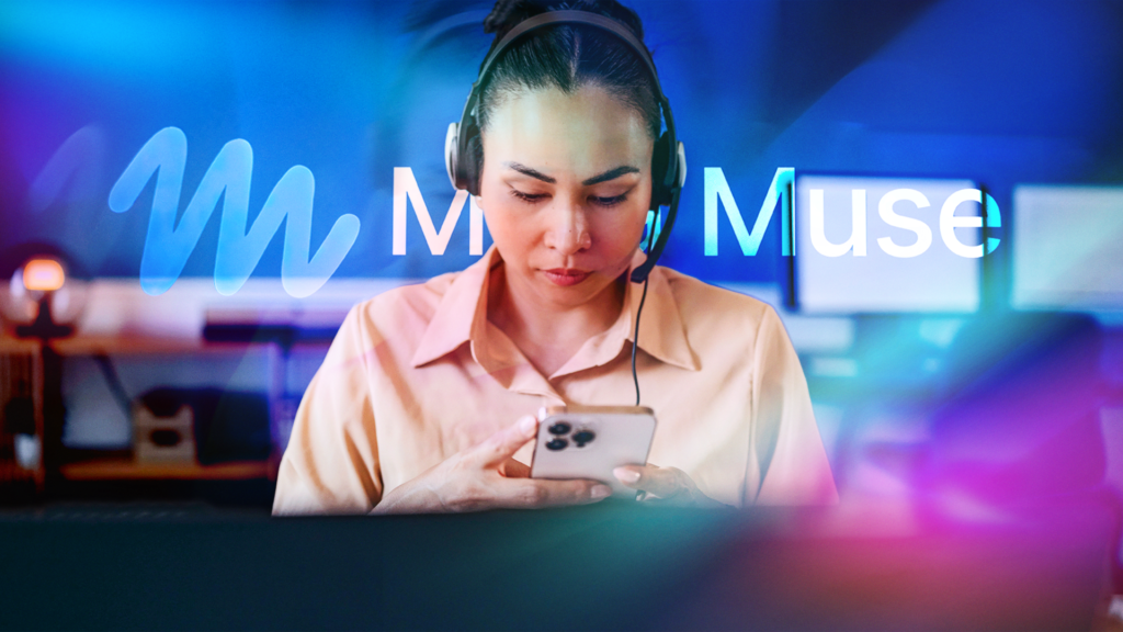 woman wearing a headset looking at her phone with the Meta Muse logo in the background