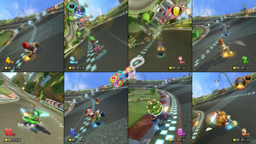 an image of an eight player splitscreen for mario kart 8 deluxe