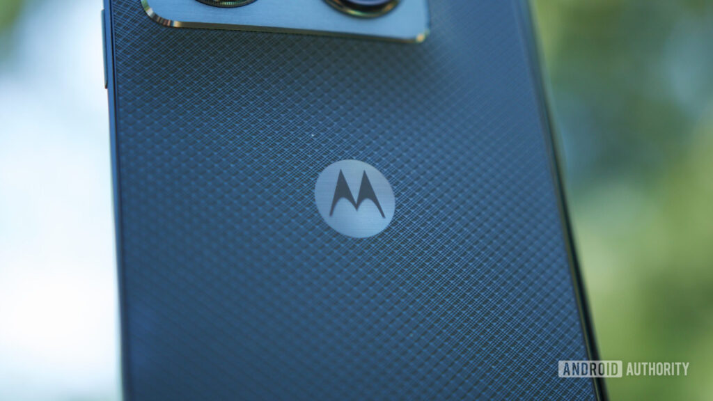 Motorola shows off its Signature 27 flagship in more detail Motorola logo on the back of the Motorola Razr Fold.
