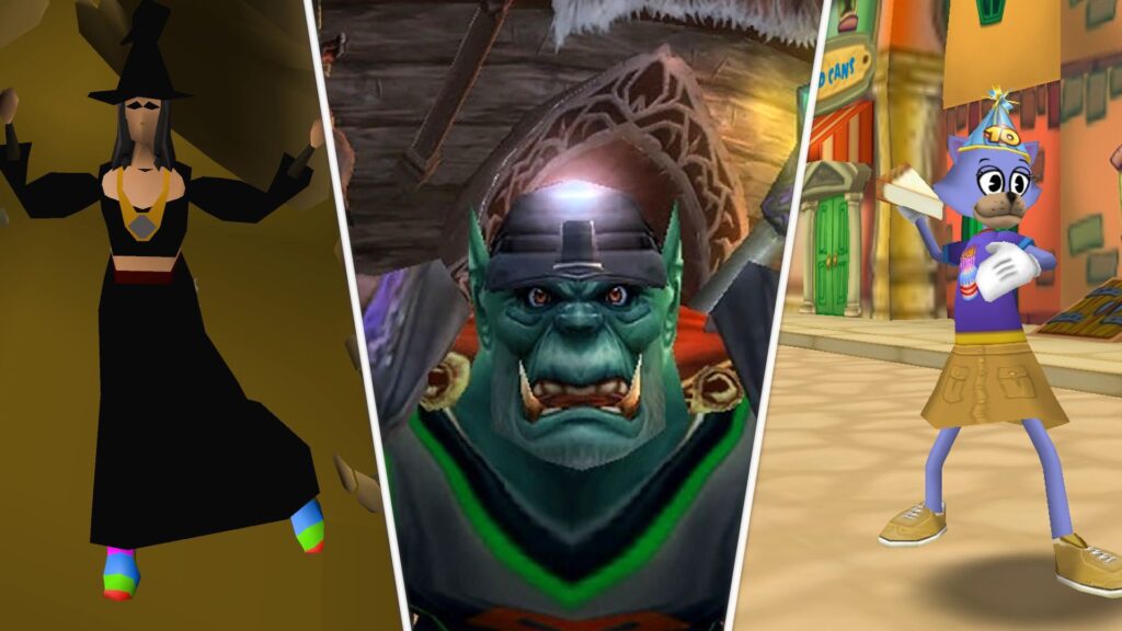 My first MMO character #3: Steve Haines A triple image showing a character from Old School Runescape, World of Warcraft, and Toontown.