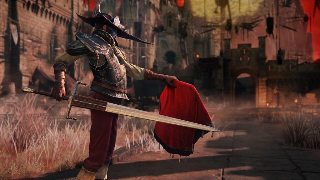Elden Ring Leontiel holding out red bullfighter cape