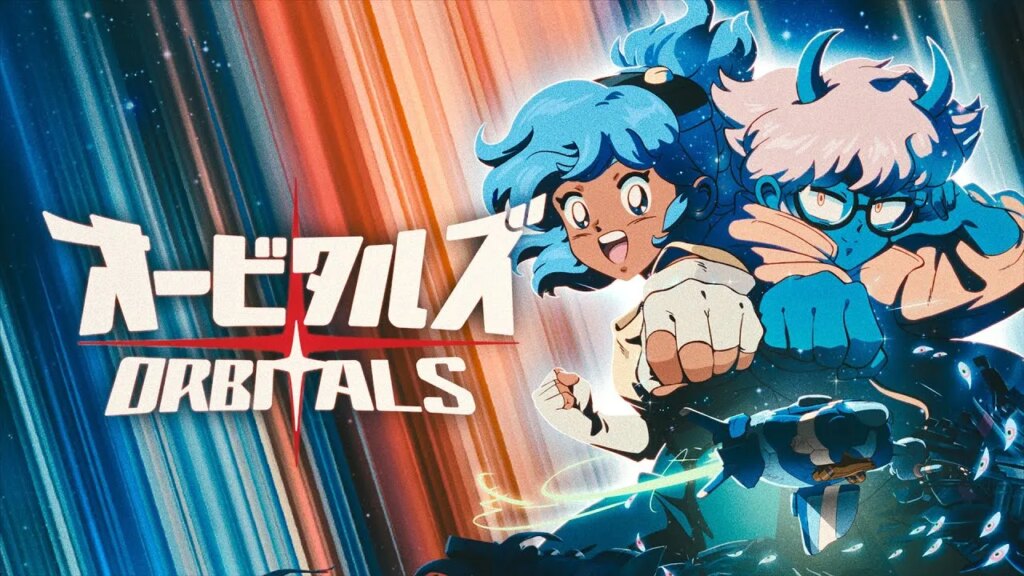 Orbitals Review: The Perfect Couples Co-op Game for the Switch 2 Maki and Omura strike a pose in front of the space storm while the game's title appears to their left.