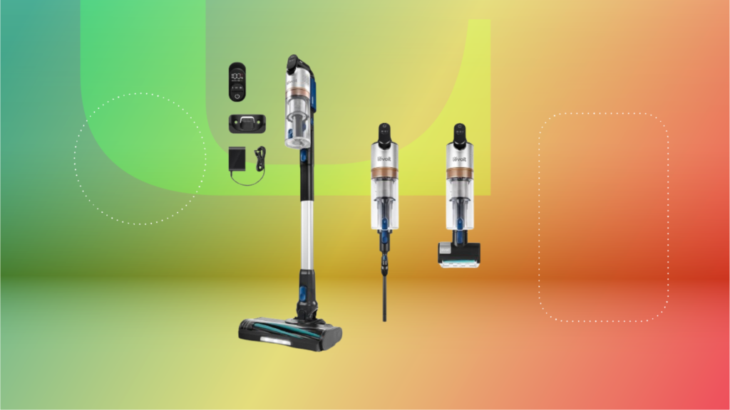 Our Favorite Midprice Cordless Stick Vacuum Is Now $120 Off Cordless stick vacuum with accessories against green, yellow and orange CNET background.
