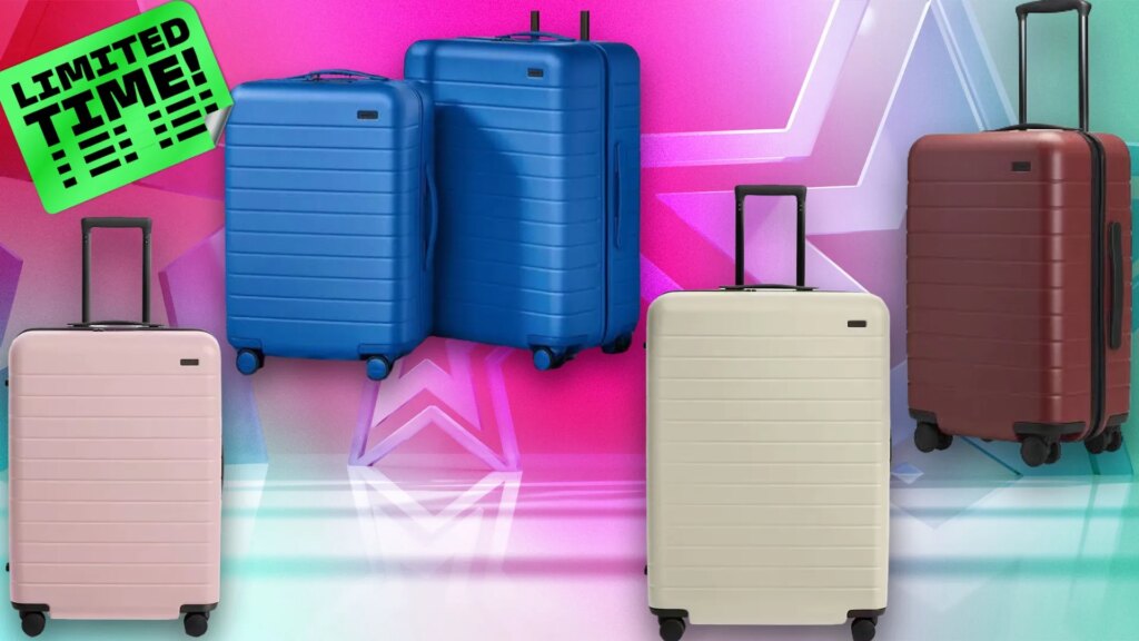 Four luggage bags in white, blue, pink and brown color with "limited-time" sticker on a pink CNET background.