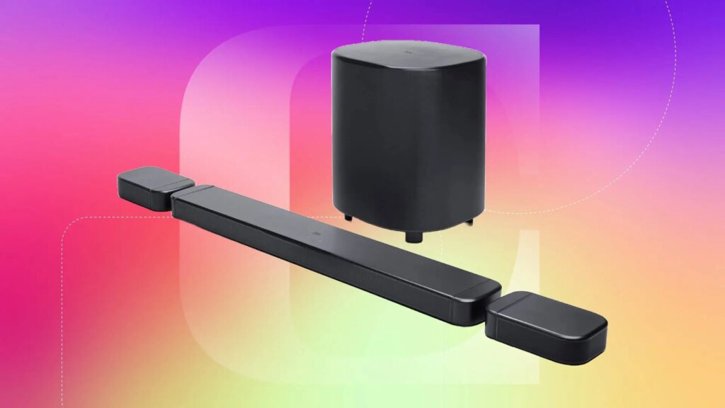 Save $350 on an Advanced JBL Soundbar That Puts You in the Middle of the Action A soundbar and subwoofer against a red, purple and yellow gradient CNET background.