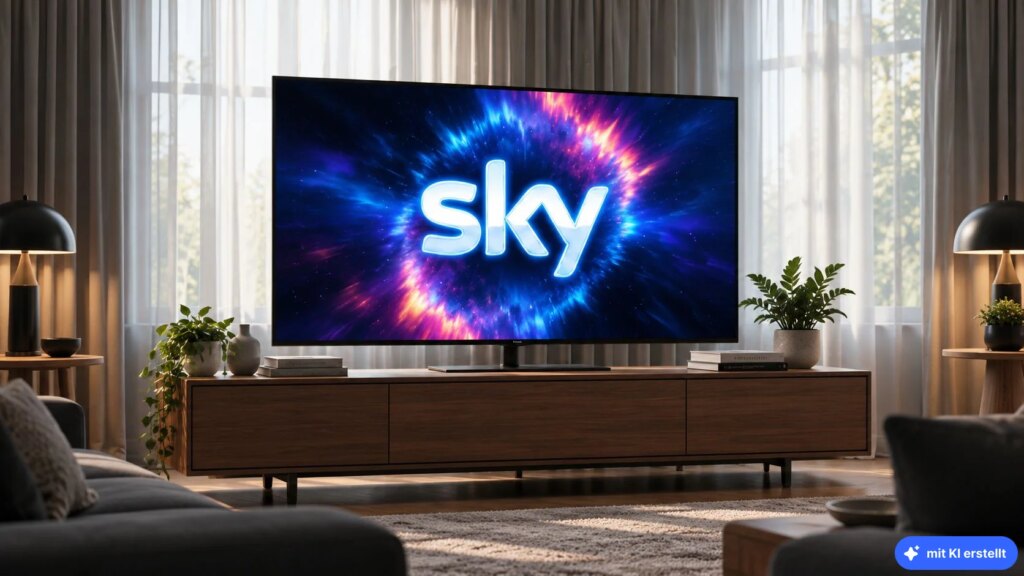 Sky streicht kostenloses UHD: Das steckt dahinter Ein Sky-Logo auf einem Fernseher (KI-generiert)