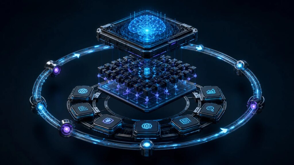 Exploded view of an AI agent showing model, memory, tools, and a control loop