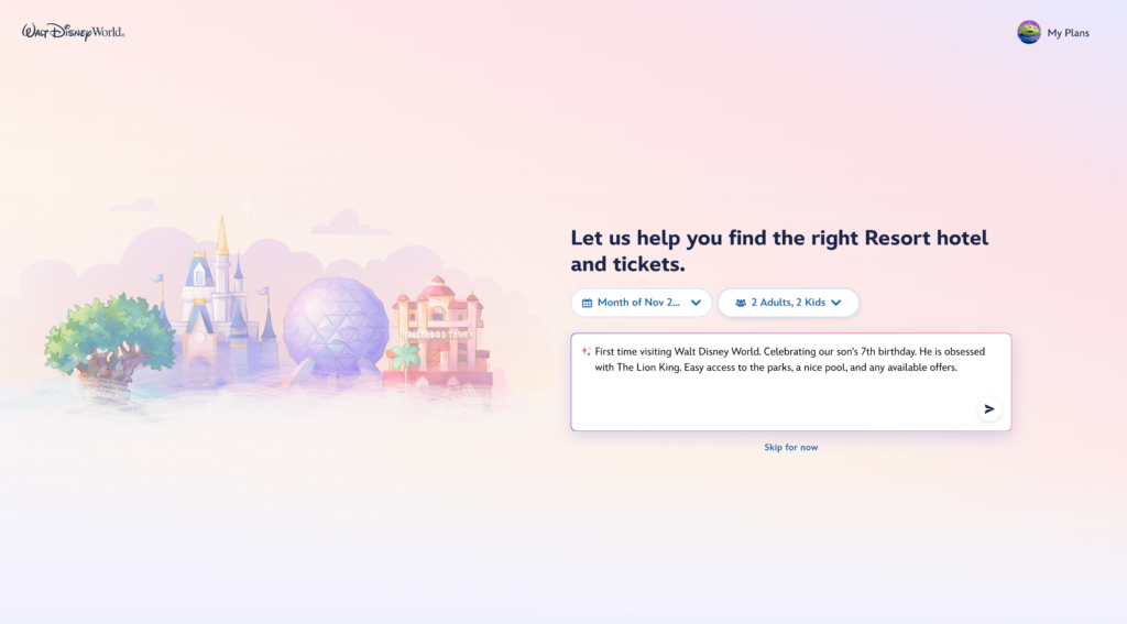 A screenshot of a conversation with the AI chatbot on the Walt Disney World booking site