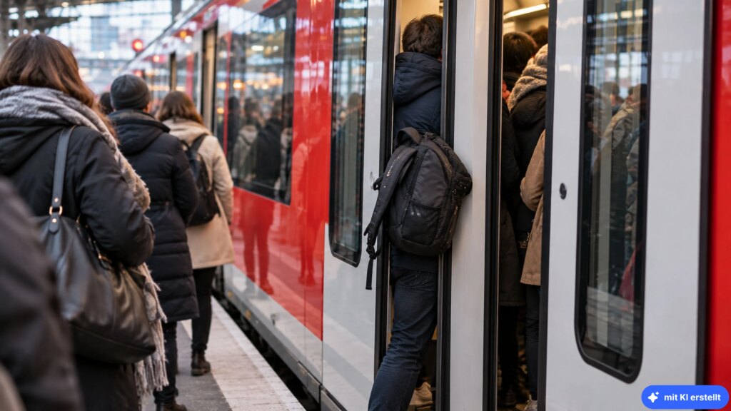 Warum die Bahn oft zu spät kommt – und wir das Problem verschärfen Ein Regionalexpress in den sich noch eine Person reinquetscht (Ki-generiert)