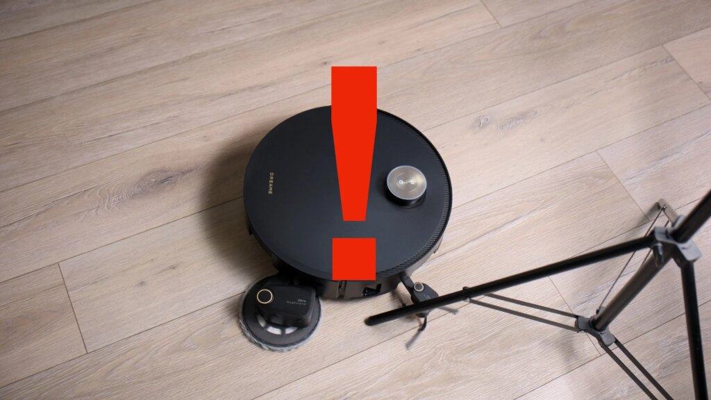 Warum die stärkste Saugstufe das Gegenteil bewirkt Ein Dreame X60 Pro Ultra Complete mit einem roten Ausrufezeichen im Vordergrund