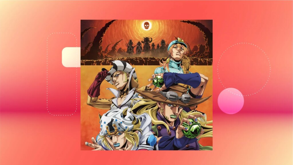 When to Watch ‘Steel Ball Run: JoJo’s Bizarre Adventure’ on Netflix Key art showing characters in JoJo's Bizarre Adventure Steel Ball Run, episode 2.
