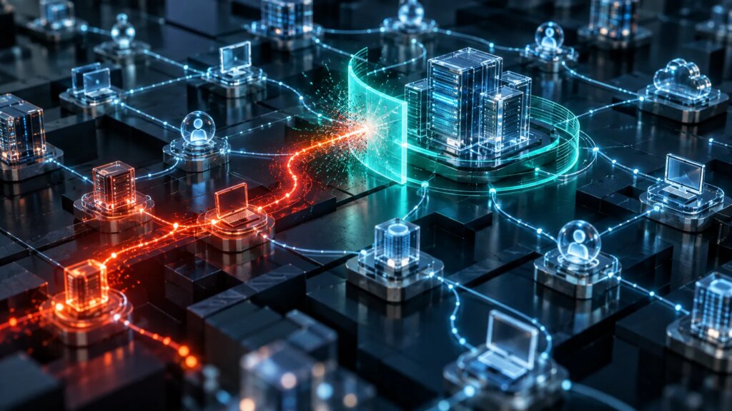 Conceptual illustration of a network attack path intercepted before reaching critical enterprise servers.