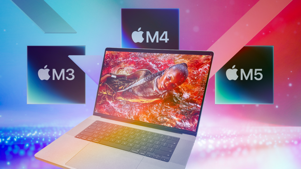 MacBook Pro surrounded by M3, M4 and M5 chip logos on a multicolored background