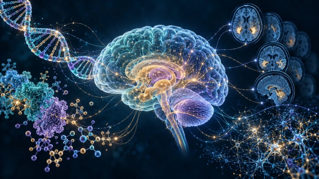 Could a Model of Models Help Untangle Alzheimer’s Disease? – Unite.AI Conceptual brain connected to representations of DNA, molecules, and imaging data.