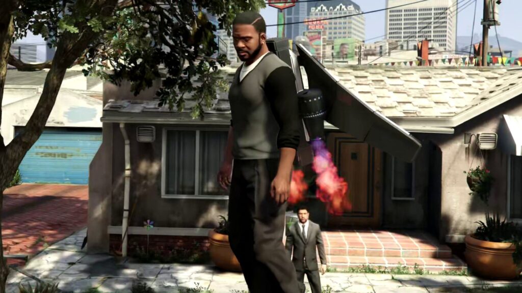 GTA 5 finally measures up to the actual best GTA game now I’ve added a jetpack Franklin in a jetpack.