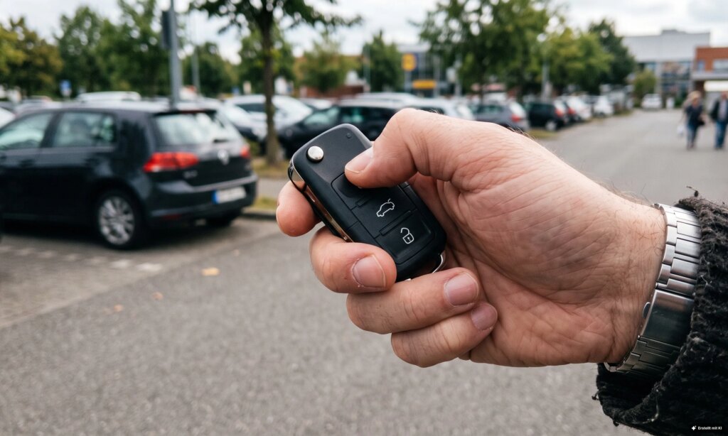 Der Knopf eines Autoschlüssels wird gedrückt