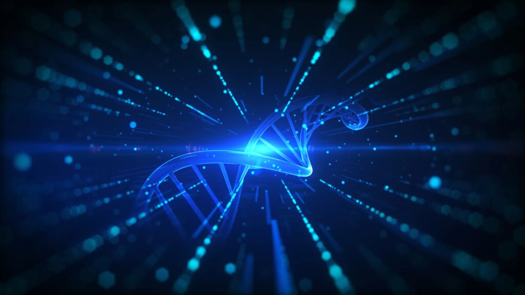 Hugging Face Announces AI Model to ‘Chat’ With DNA A DNA strand in a speed-tunnel-like graphic.