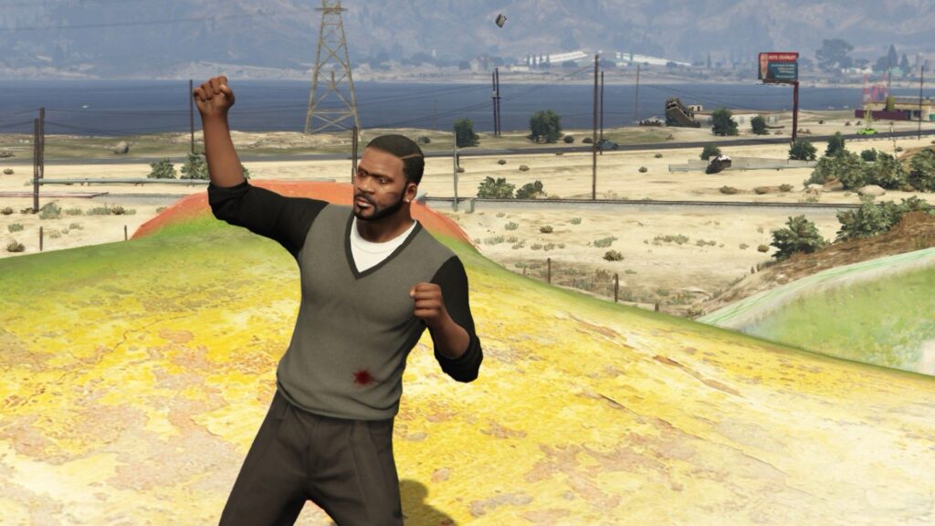 I am cavorting with a gazelle’s grace in Grand Theft Auto 5 Franklin fistpumps following a successful backflip.