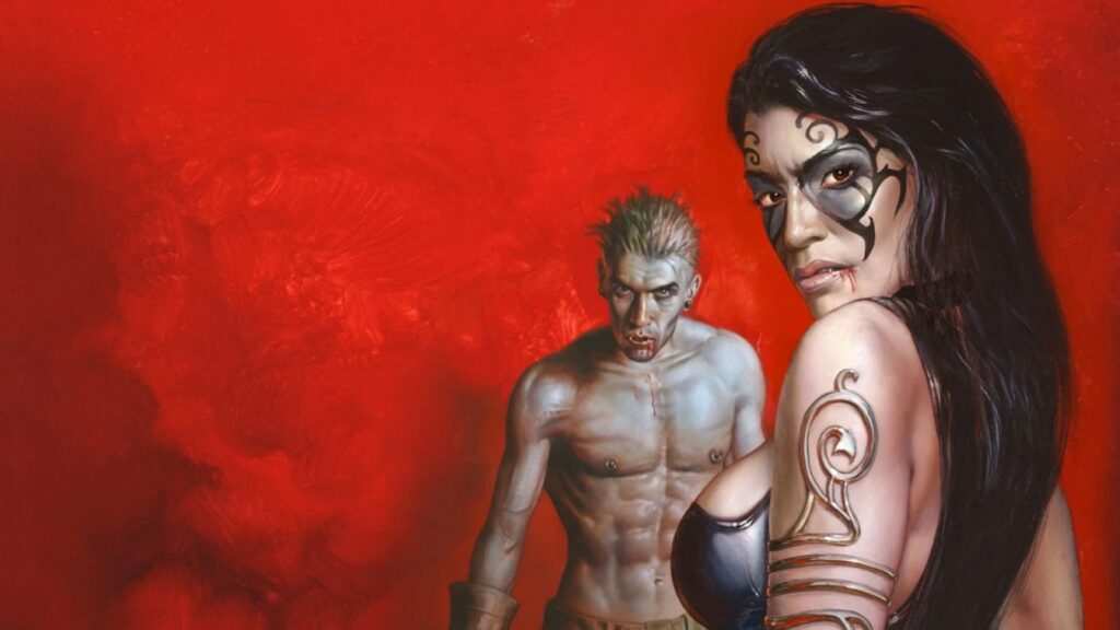 Ming Xiao and a Malkvavian vampire against a red backdrop