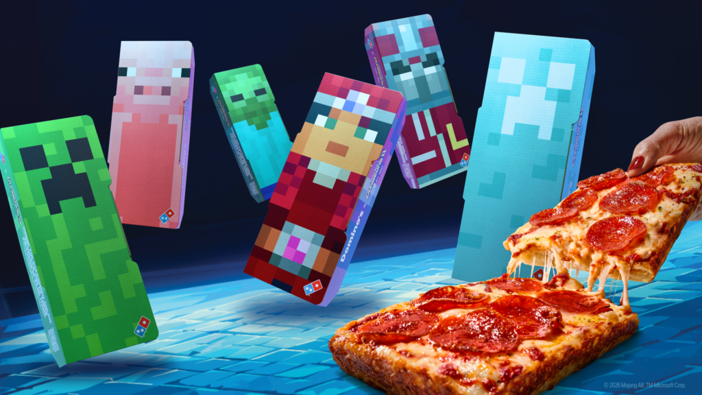 Domino's Domino pizza for one is shown with Minecraft-themed boxes.