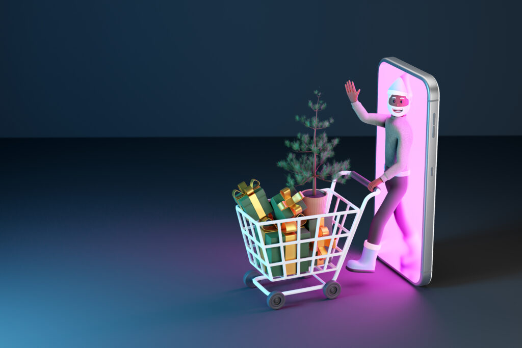 Character coming out of smartphone with cart of Christmas tree and gifts
