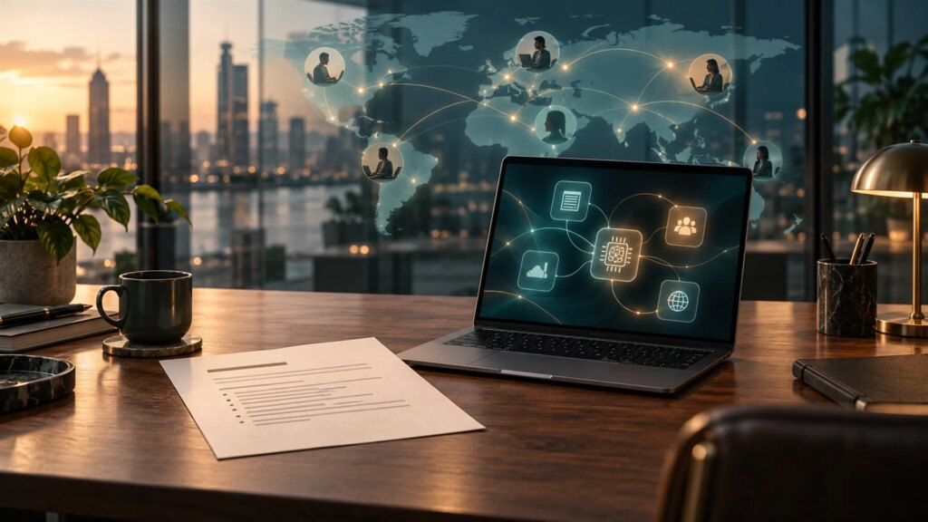 Oyster’s 2026 Global AI Talent Report Finds AI Skills Are Outpacing Job Definitions – Unite.AI Editorial illustration of AI workflows and global workforce connections above a desk with a job-description document.