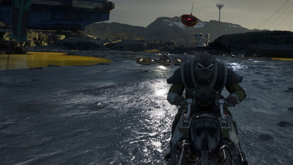 A speeder bike pilot leads a pack of racers on a gloomy world with yellow rivers