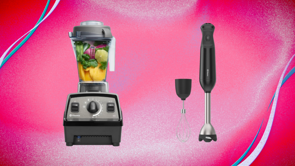 Save Up to $265 on CNET’s Favorite Blender Brand This Prime Day From left: Vitamix blender and handheld blender with whisk attachment against pink-red CNET background.