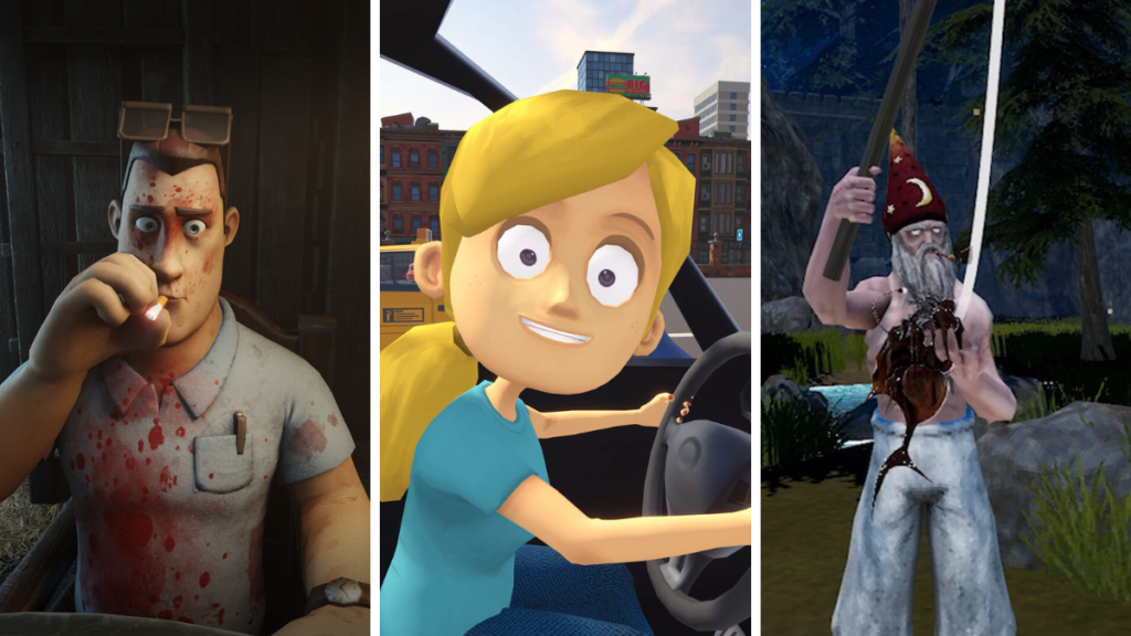 A collage of Steam Next Fest demo screenshots, including a man smoking, a girl driving a car, and a wizard wielding some kind of gore pile