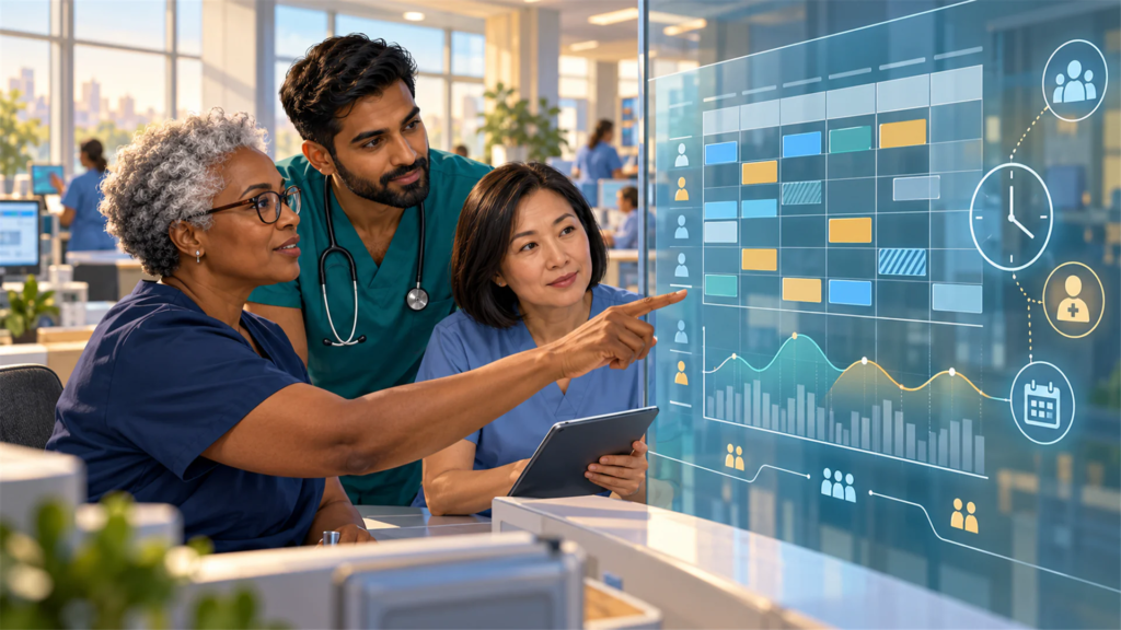 Three healthcare staff review a conceptual staffing forecast and shift calendar at a hospital operations station.